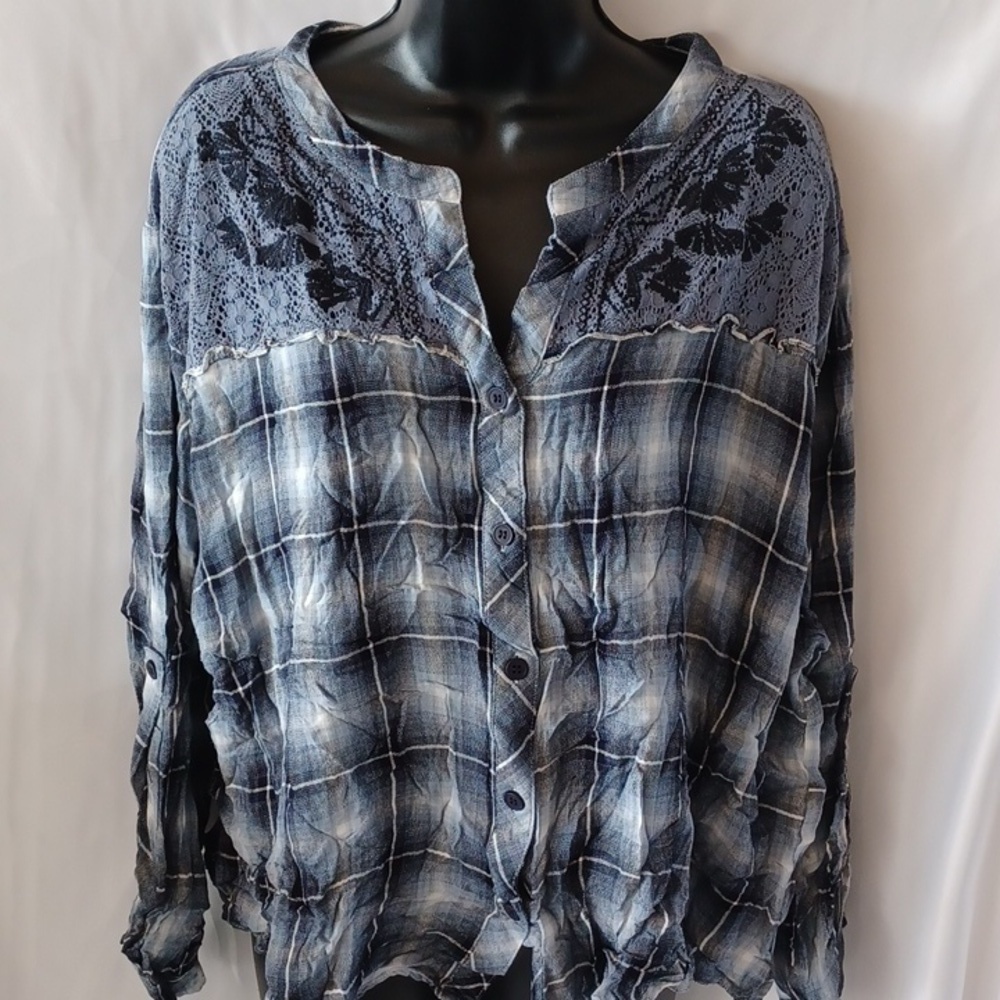 Hazel plaid blouse with lace detail, blue & gray